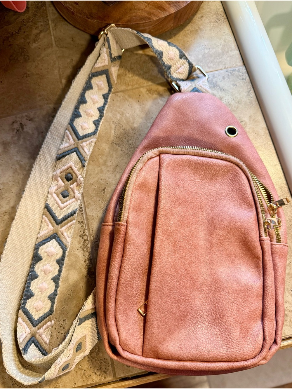 Pink Crossbody Sling Bag with Patterned Strap